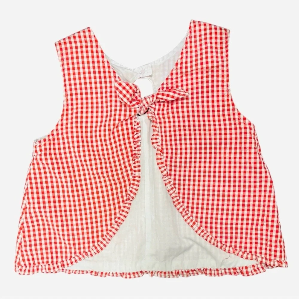 Girls 6 Samara gingham white red apron ruffled hem button detail graphic design